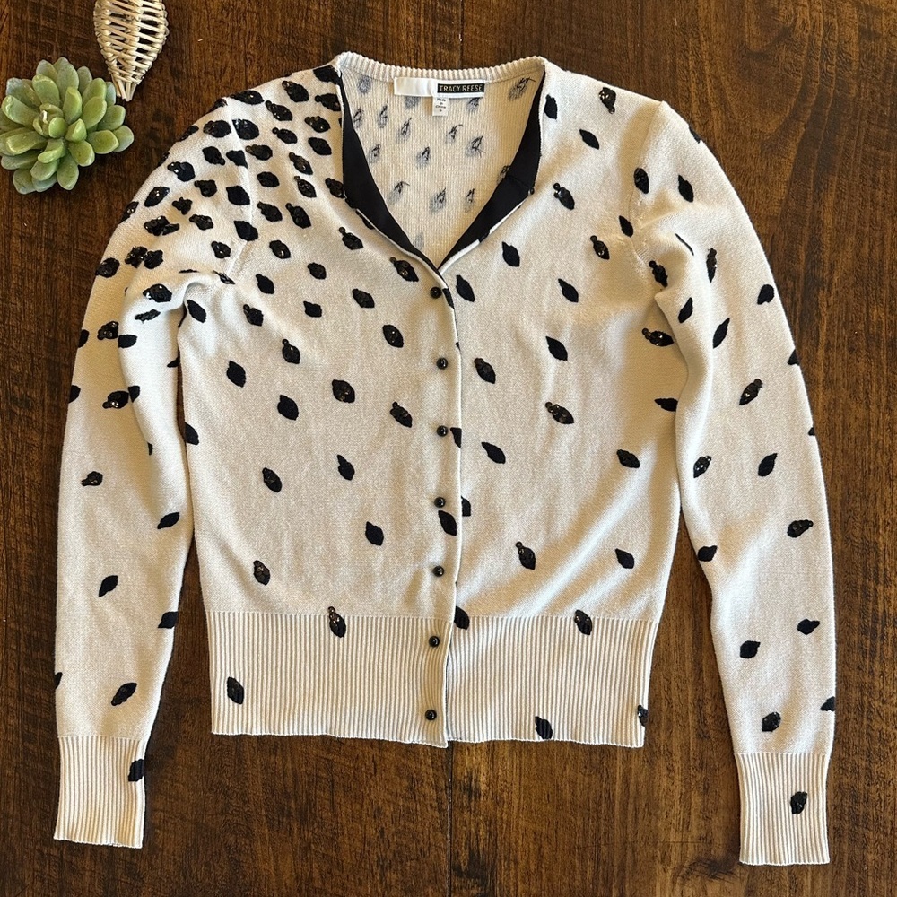 Tracy Reese | Cream & Black Embellished Crop Snap Sweater Cardigan, Size S